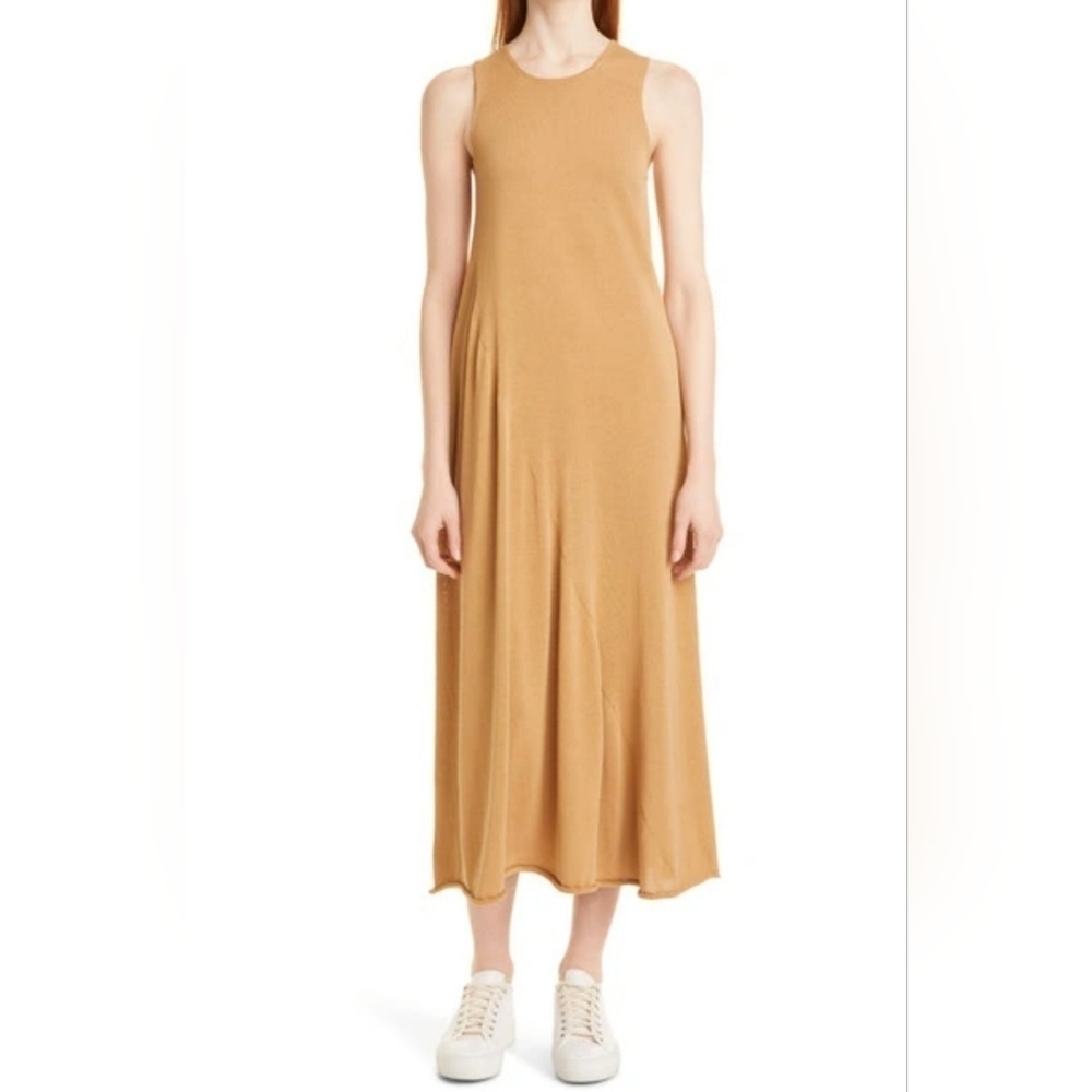 Vince Shirred Knit Fine Pure Cotton Tank Dress Size Large Tan Brown​​​​